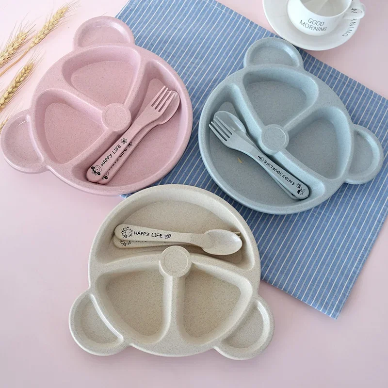 Baby Food Menu - ชุดจานชามเด็ก 3 ชิ้น/ชุด ทำจากฟางข้าวสาลี ลายการ์ตูน ชุดภาชนะสำหรับเด็ก